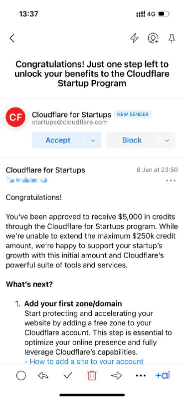 🥹 感动，Cloudflare 通过了我的 Startup Program 申请，提供了 $5000 美元的额度